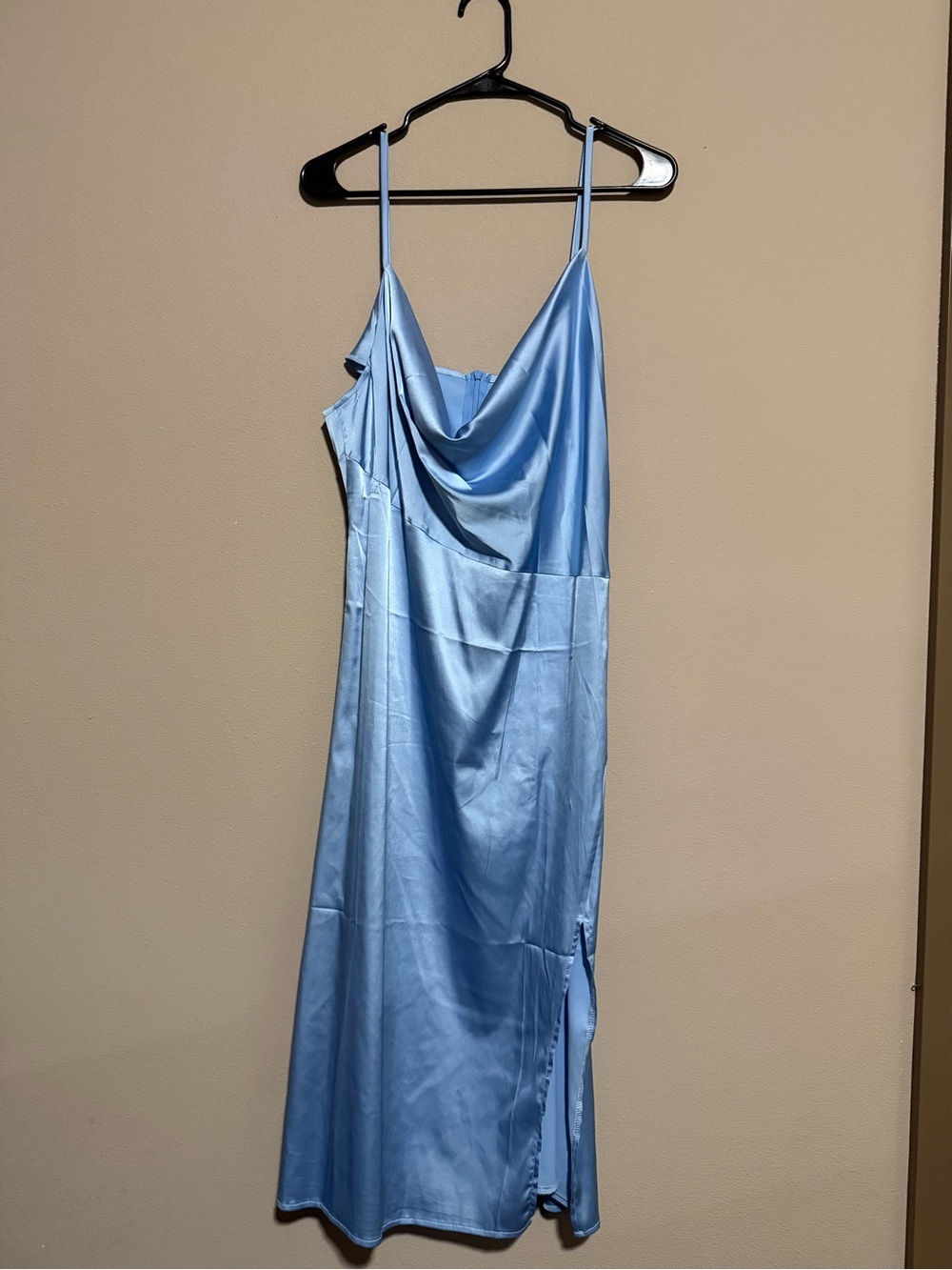Satin Cowl-Neck Slip Dress in Light Blue
